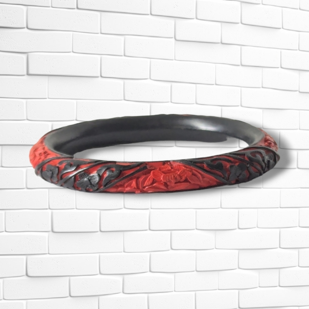 Vintage Chinese Cinnabar Bangle Bracelet Red & Black Carved Floral Design